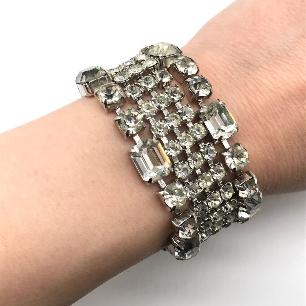 Weiss Signed Vintage Rhinestone Wide Five Row Statement Bracelet W/ Safety Chain - Picture 6 of 9